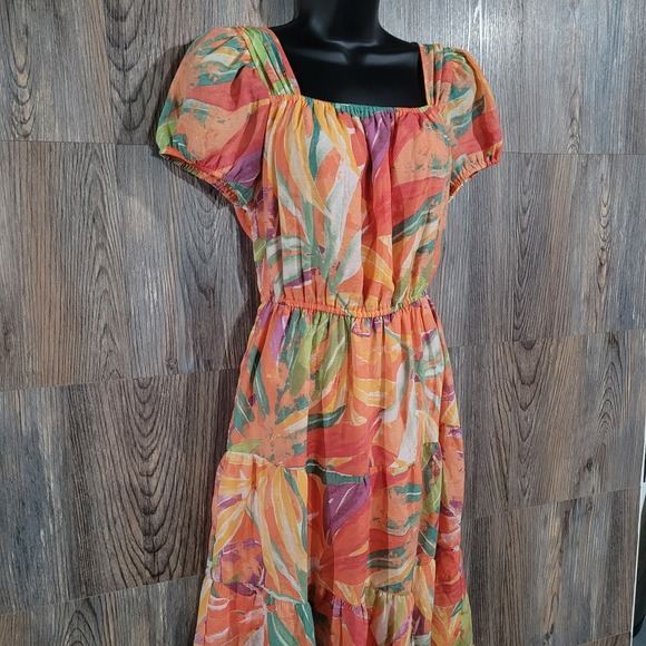 Colorful Tiered Maxi Dress Size M Floral Puff Sleeve Square Neck Indigo Rose - Picture 3 of 16